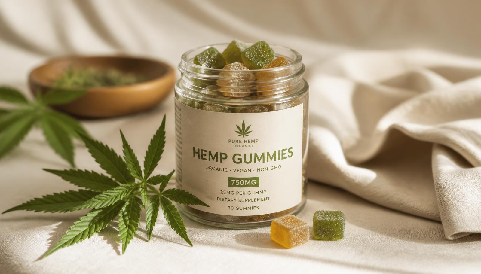 Jar of Wilder Leaf Organic Hemp Gummies beside fresh hemp leaves